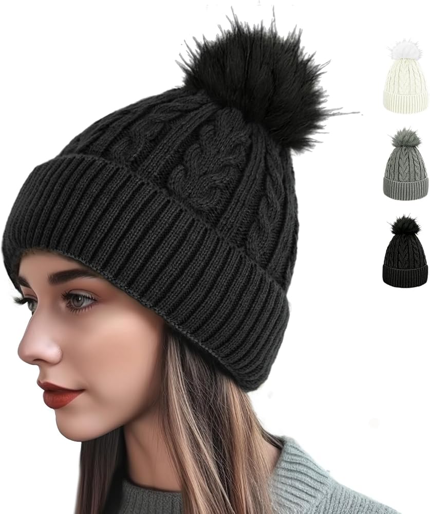 AURUZA Beanie for Women Men, Soft Beanie hat with Faux Fur Pom for Women, Thick Knitted Ski Cap Warm Hat