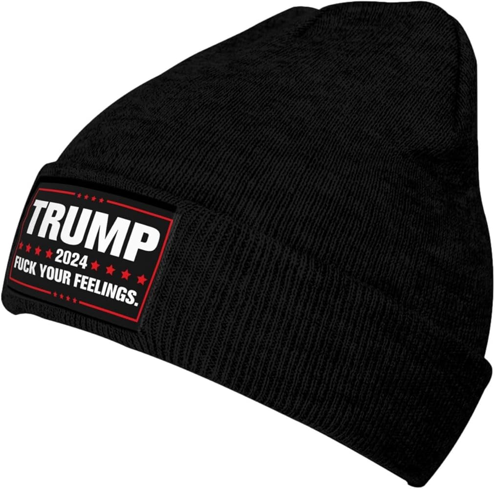 Trump 2024 fu-ck Your Feelings Gifts for Women Men Black Beanie for Men Acrylic Knitted Hat for Men Women Outdoor