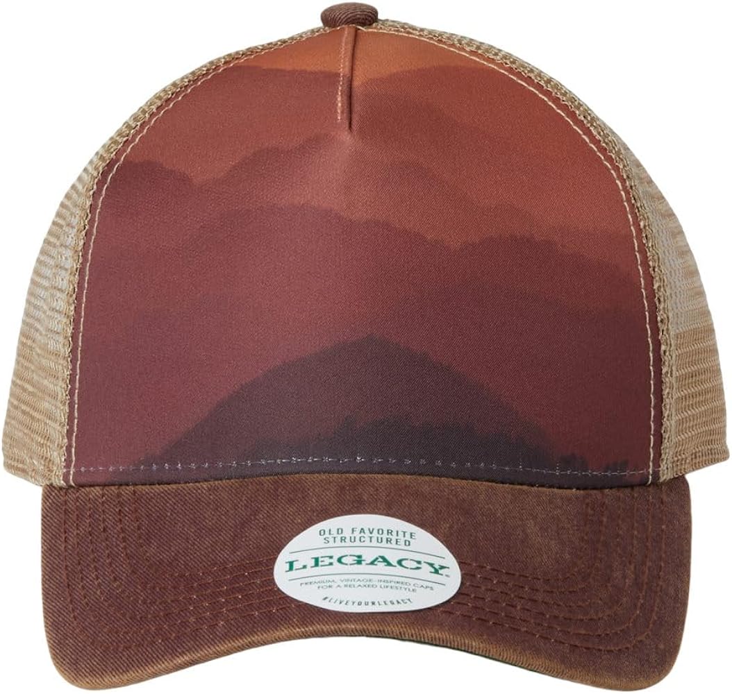 Legacy Old Favorite Five-Panel Trucker Cap, Adjustable, Mt Sunset-Maroon-Khaki