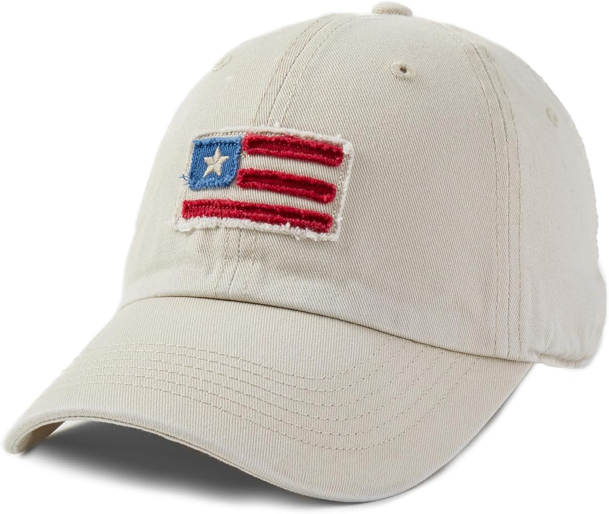 Life is Good. Tattered Chill Cap American Flag, Bone White