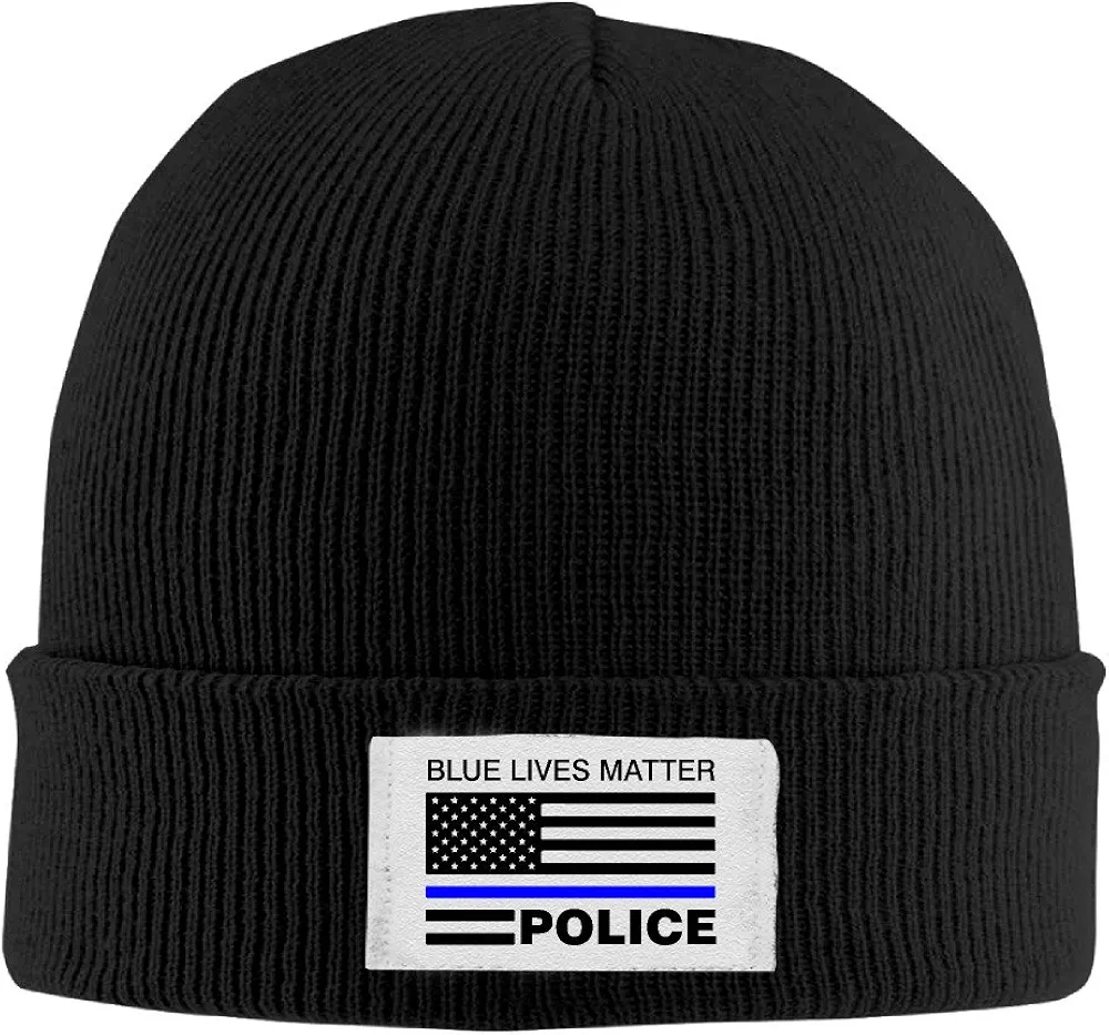 Unisex Blue Lives Matter Police Us Flag Winter Warm Knit Beanie Skully Hat Black