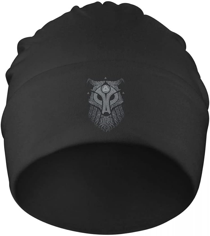 Men's Viking Celtic Wolf Beanie Hat, Norse Myth Odin Fenrir 3D Print Outdoor Elastic Thin Bonnet Snapback Cap