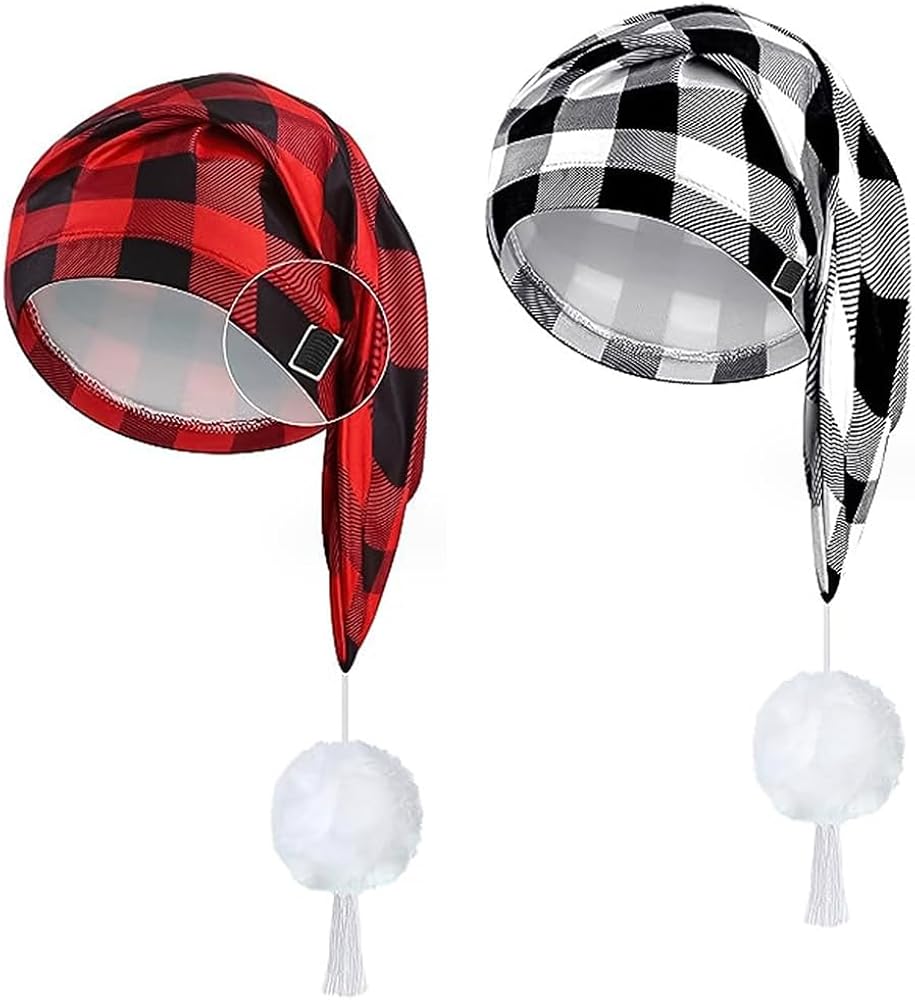 2 Pcs Sleeping Nightcap for Men Women Adjustable Stocking Sleeping Cap Plaid Night Cap with Pom Ball for Daily Use