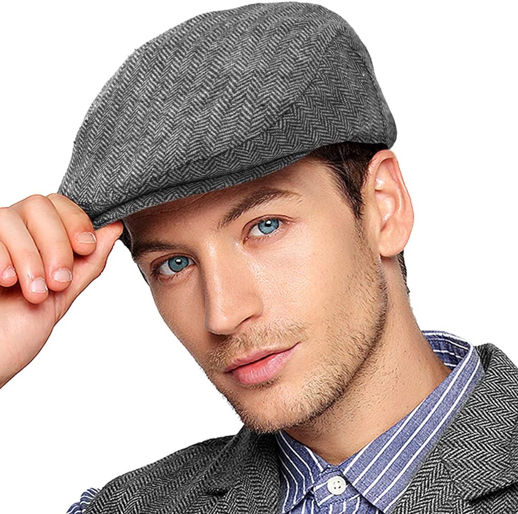 Men Ivy Hat Newsboy Cap - Classic Wool Blend Tweed Flat Cap Cabbie Hat Men