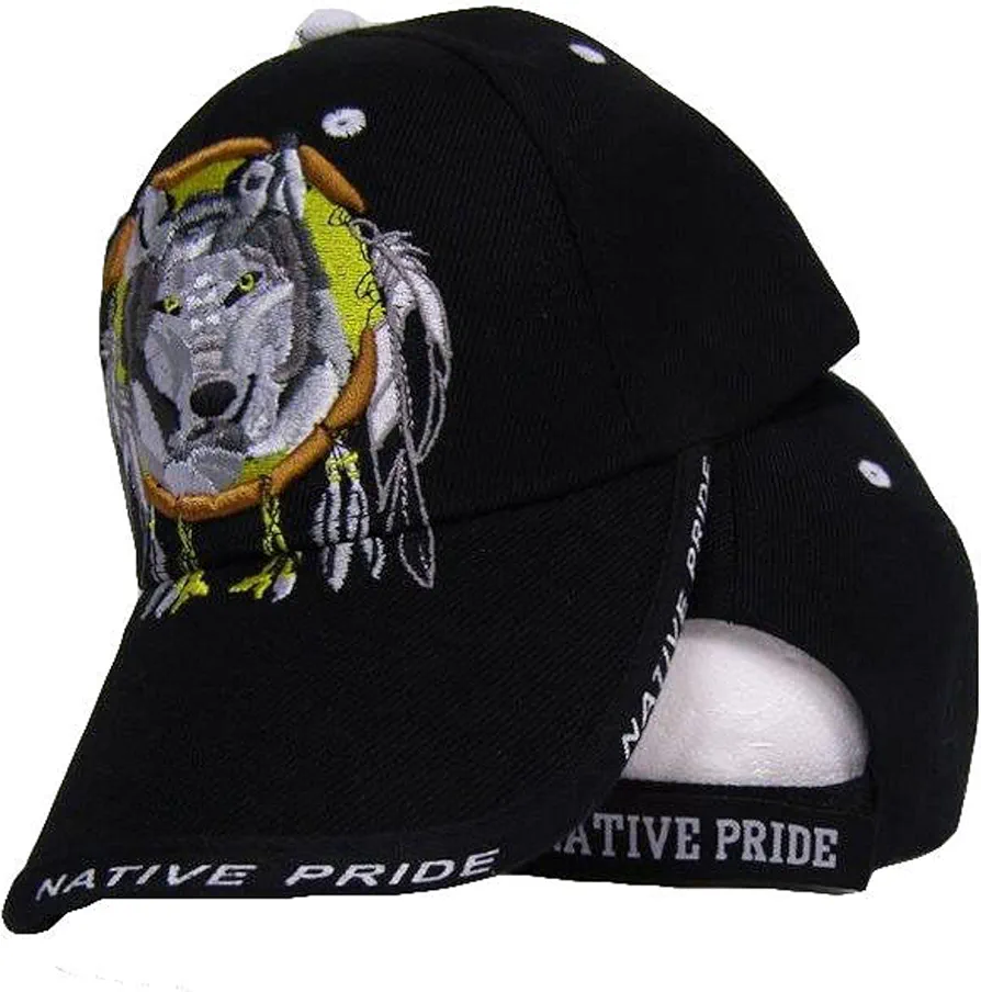 MWS Native American Pride Indian Wolf in Dream Catcher Black Ball Cap 3D Embroidered Hat