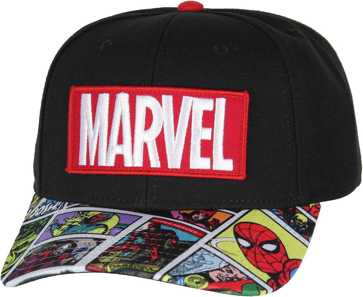 Marvel Hat for Men Vintage Comic Scenes Embroidered Marvel Logo Superhero Snapback Hat Cap Black