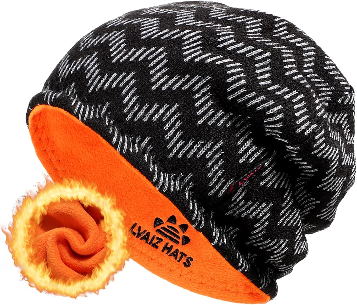 Winter Beanie Hat for Men Women Fleece Lined Thick Warm Plaid Knitted Skull Beanie Reversible Outdoor Windproof Ski Watch Cap