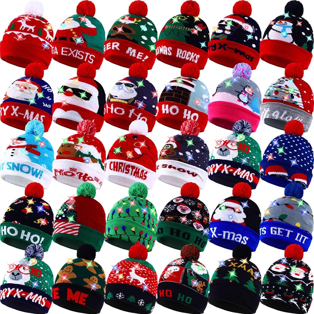 30 Pcs Christmas LED Beanie Hat Bulk Xmas LED Knit Beanie Cap Unisex Winter Warmer Knitted Hat Colorful LED Christmas Beanie Christmas Gift Sweater Hat for Women Men