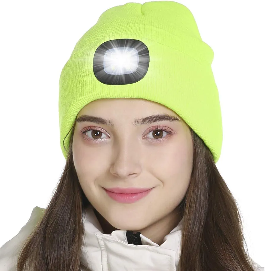 Tutuko LED Beanie with Light, Gifts for Men Women Dad Him, USB Rechargeable Headlamp Hat, Unisex Warm Winter Knitted LED Hat with Flashlight Fluorescent Yellow