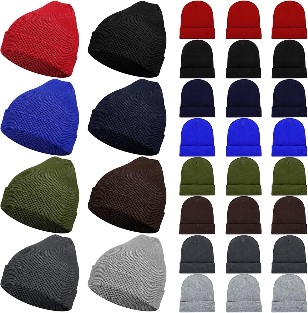 48 Pieces Winter Beanies Bulk, Solid Color Beanies, Knitted Beanie Hat, Warm Cozy Cuffed Skull Caps for Adults Men Women