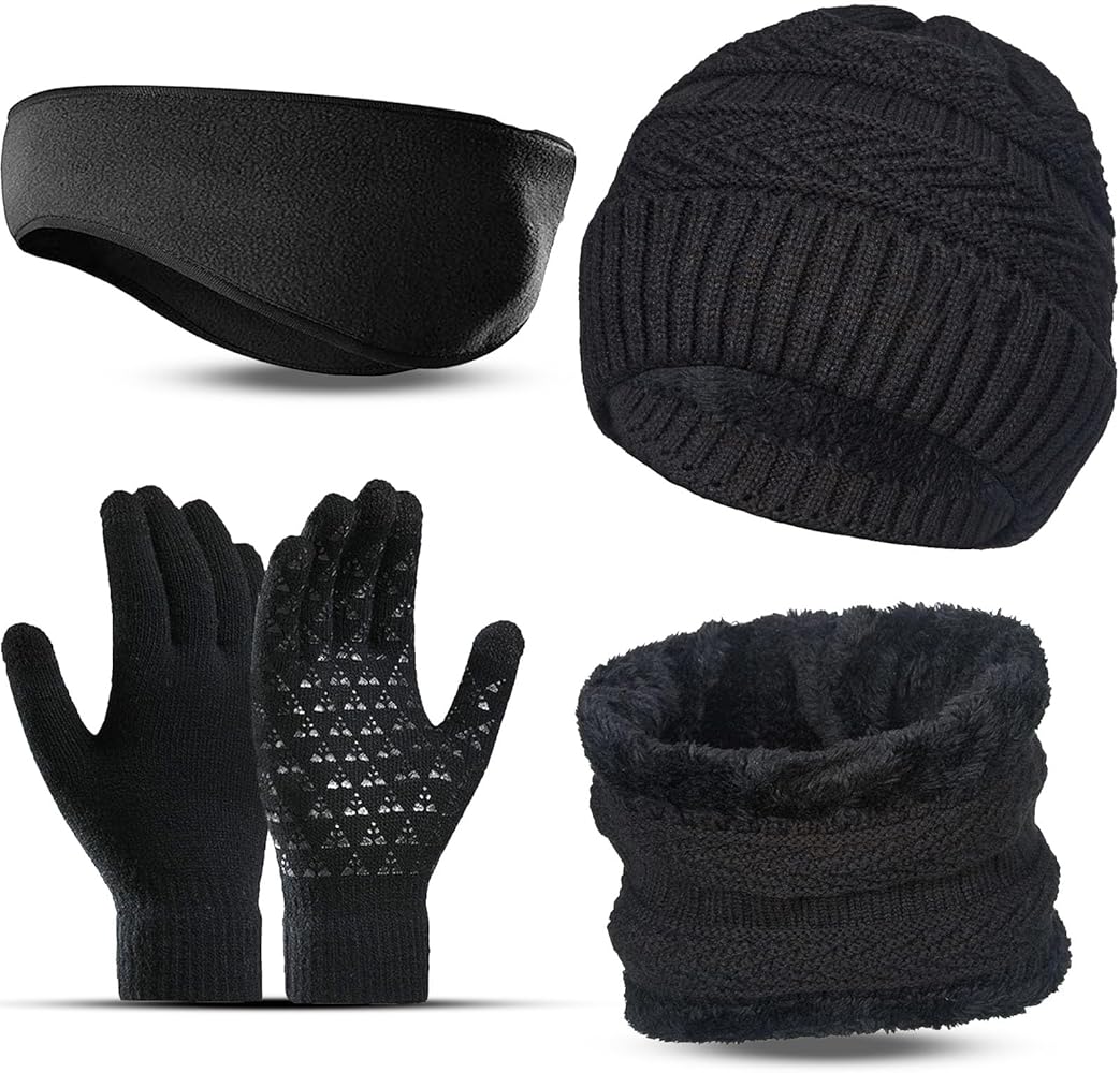 Ski Winter Hat Scarf Gloves Set for Men, Knit Beanie Hat Neck Warmer Scarf Warmer Touch Screen Gloves and Ear Warmer