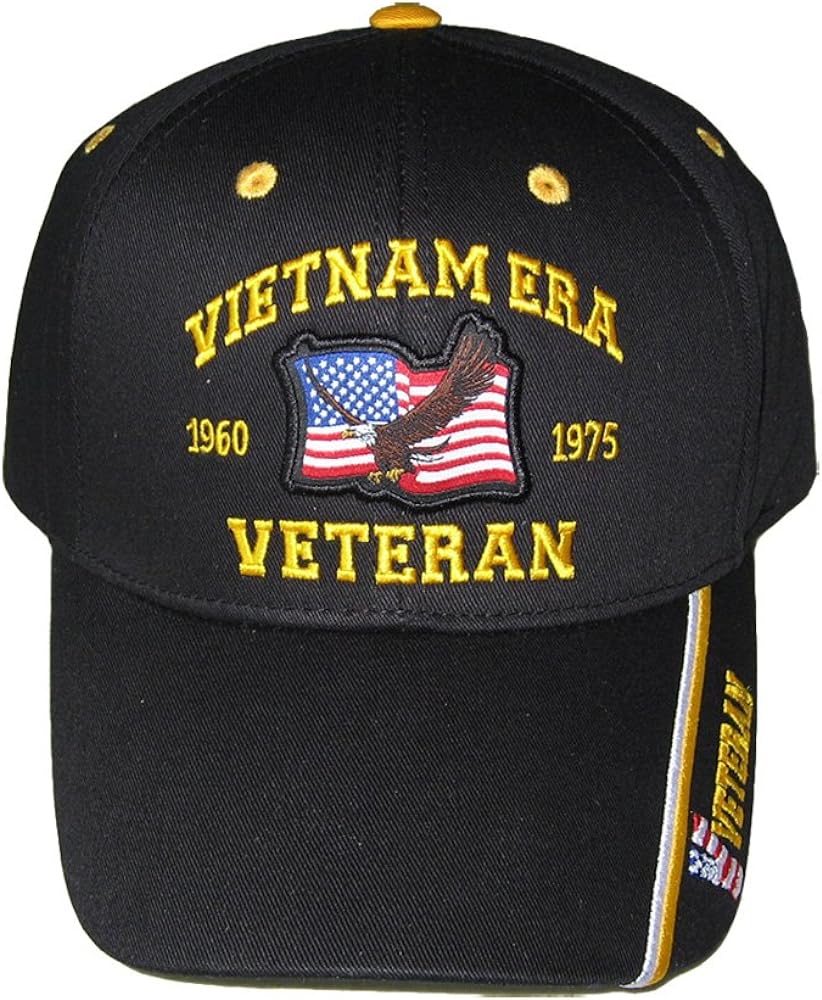 Vietnam Era Veteran 1960-1975 Eagle with Flag Baseball Cap. Black, Adjustable