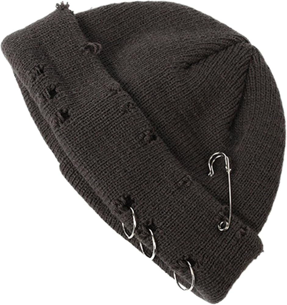 Hip-hop Slouchy Ripped Knitted Hat Unisex Metal Ring Skull Caps Hat