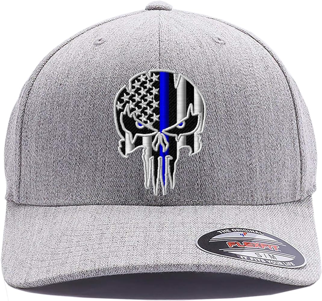 Thin RED LINE - Thin Blue LINE Spartan Helmet and Distressed Skull Flexfit Cap. Embroidered. 6277-6477 Flexfit