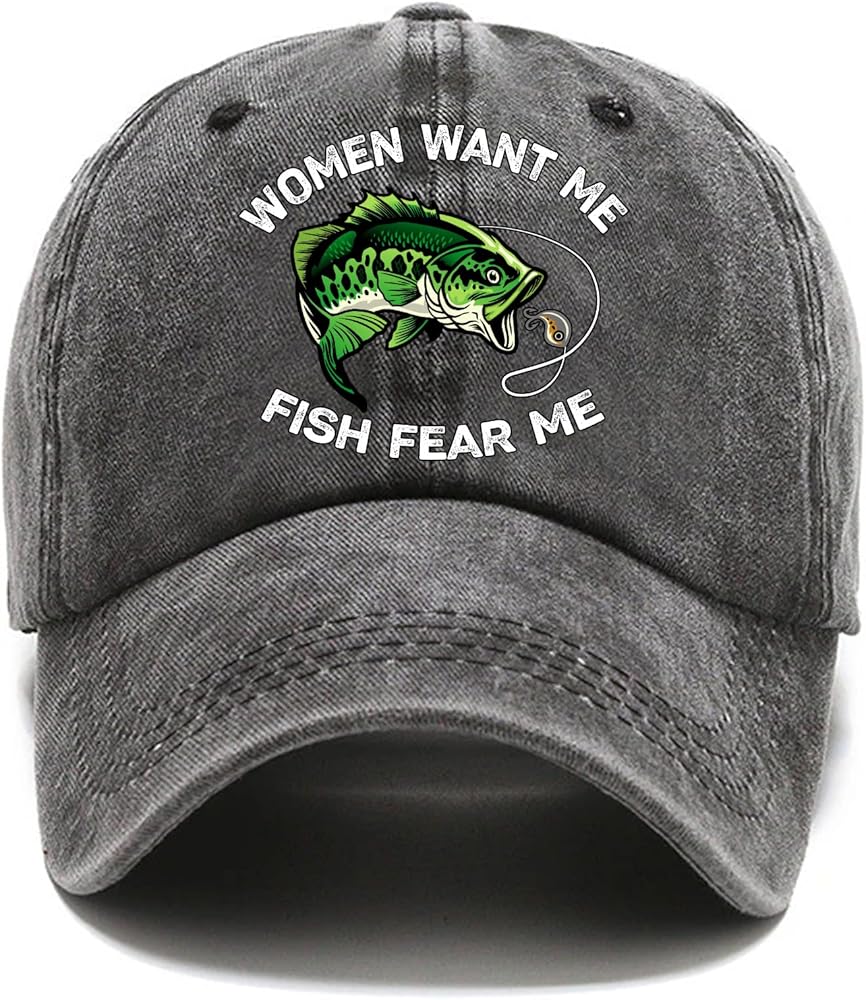 Women Want Me Fish Fear Me Fun Distressed Washed Black Baseball Cap, Vintage Adjustable Cotton Cap, Funny Retirement Gift for Man, Christmas Birthday Gifts for Dad Grandpa Fishing Lover