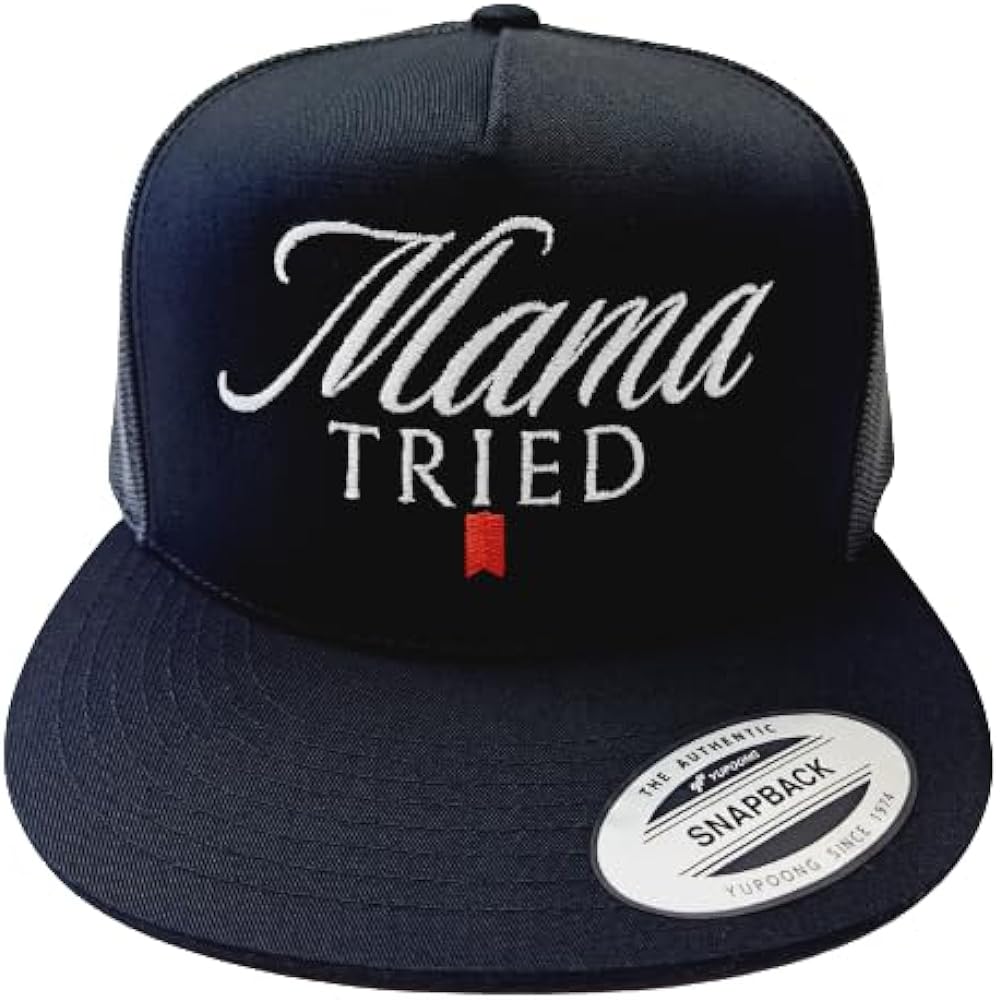 Mama Tried Trucker Mesh Snapback Flat Bill Hat Cap Black Embroidered