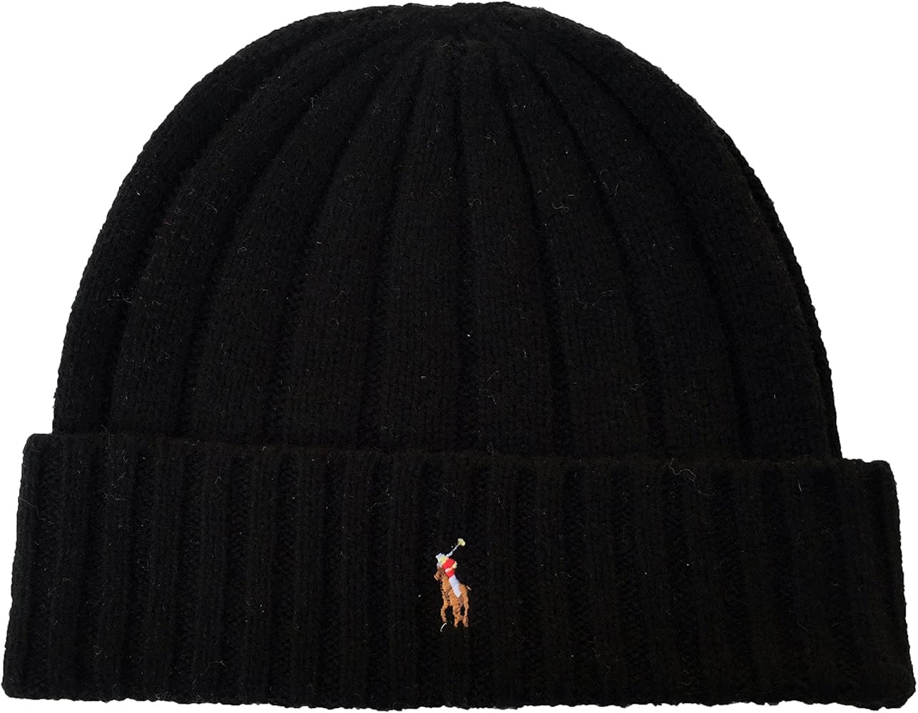 Polo Ralph Lauren Unisex Lambswool Skullie Cap Black Blue Beanie Hat Wool/Nylon OS