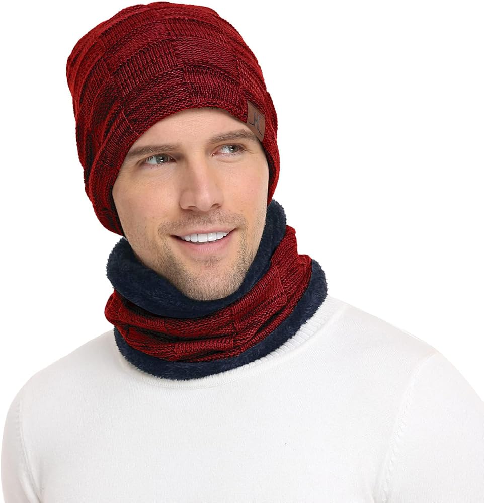 Mens Winter Beanie Hats Scarf Set Warm Knit Hats Skull Cap Neck Warmer with Thick Fleece Lined Winter Hat & Scarf for Women