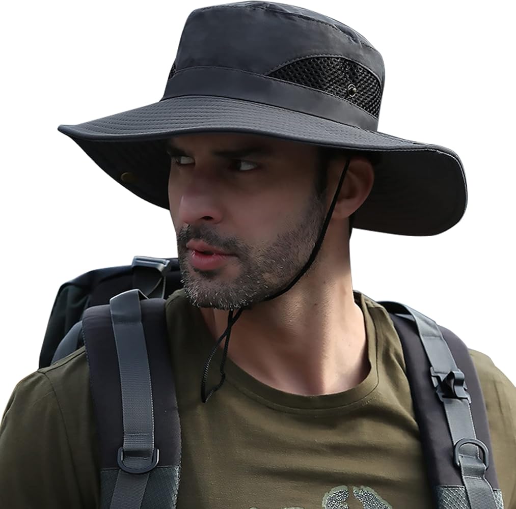 Men's Sun Hat Outdoor UPF50+ Mesh Wide Brim Bucket Safari Cap Foldable Waterproof Boonie Fishing Hats