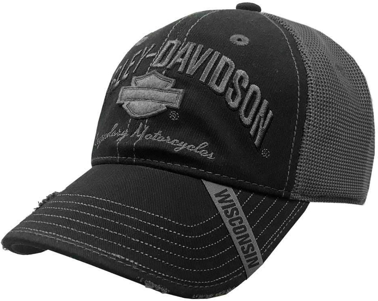 Harley-Davidson Men's Baseball Cap, H-D Bar & Shield Mesh Hat w/Distrssed Bill Black