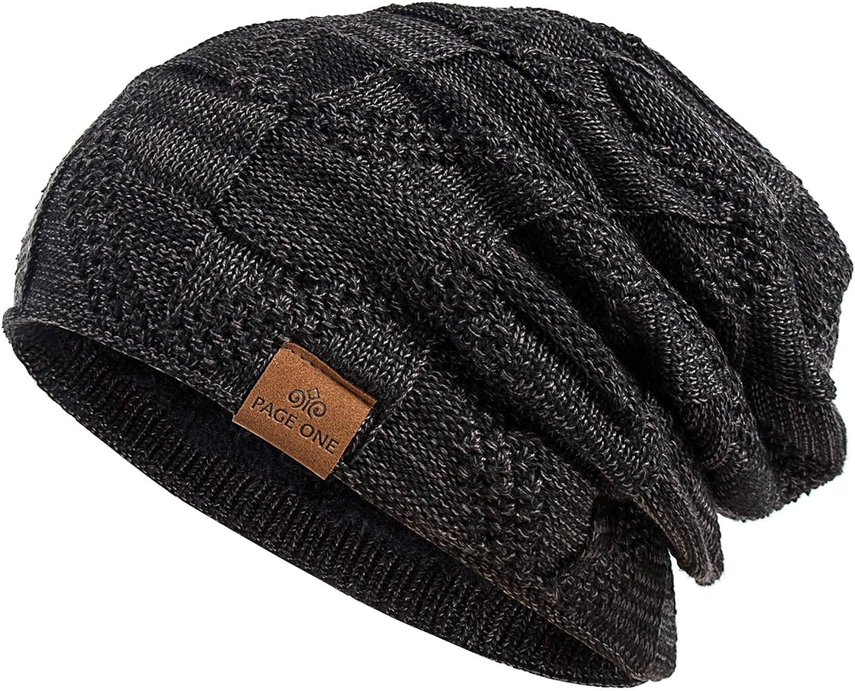 PAGE ONE Mens Winter Slouchy Beanie Warm Fleece Lined Skull Cap Baggy Cable Knit Hat