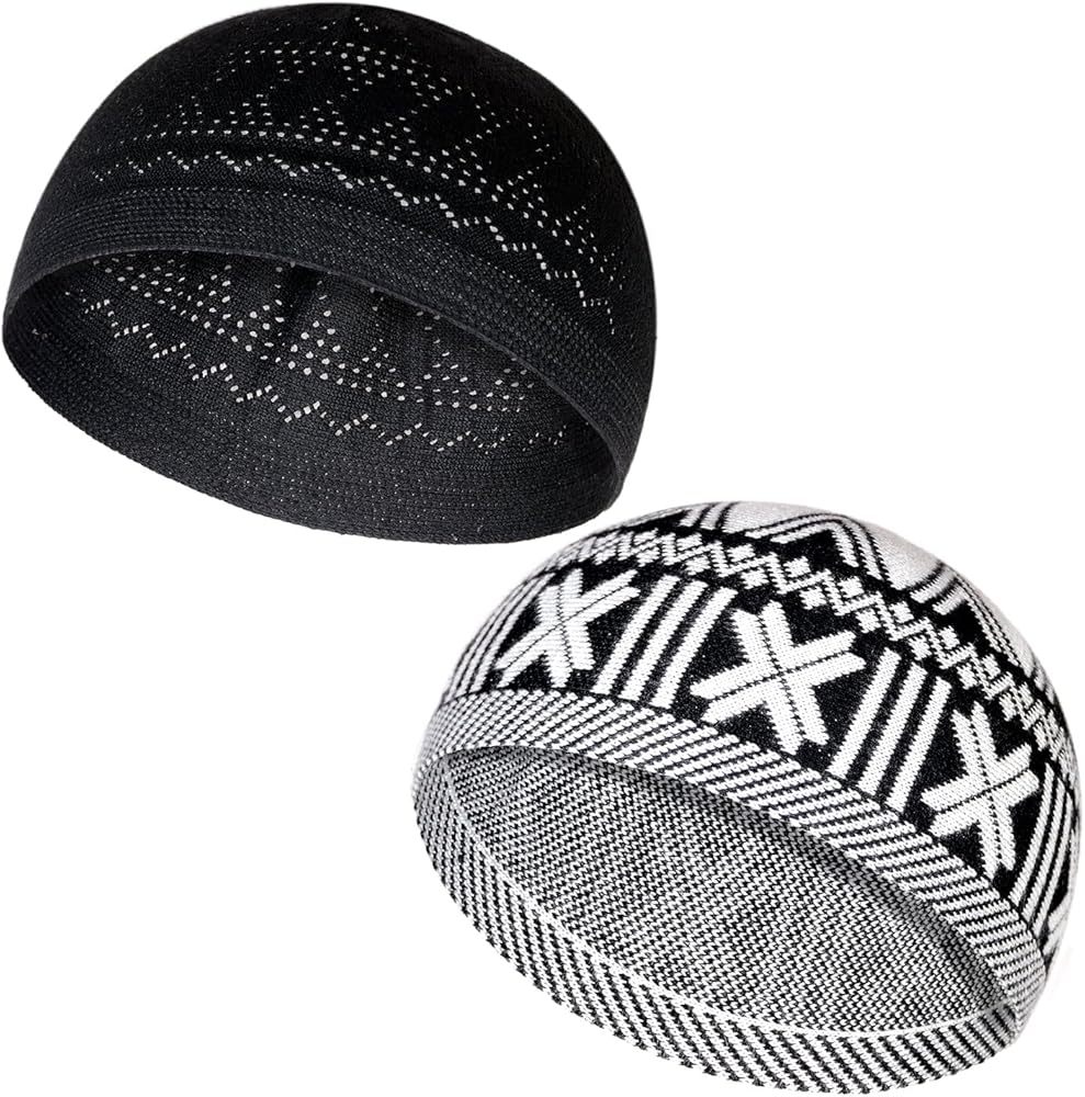 Muslim Hats - Keffiyeh Kufi Hats for Men’s Common use and Islamic Gifts | Skull Cap |Muslim Clothes - Islamic Clothing for Men| 2pcs, 2 Designs, 2 Colors, Black; White & Black