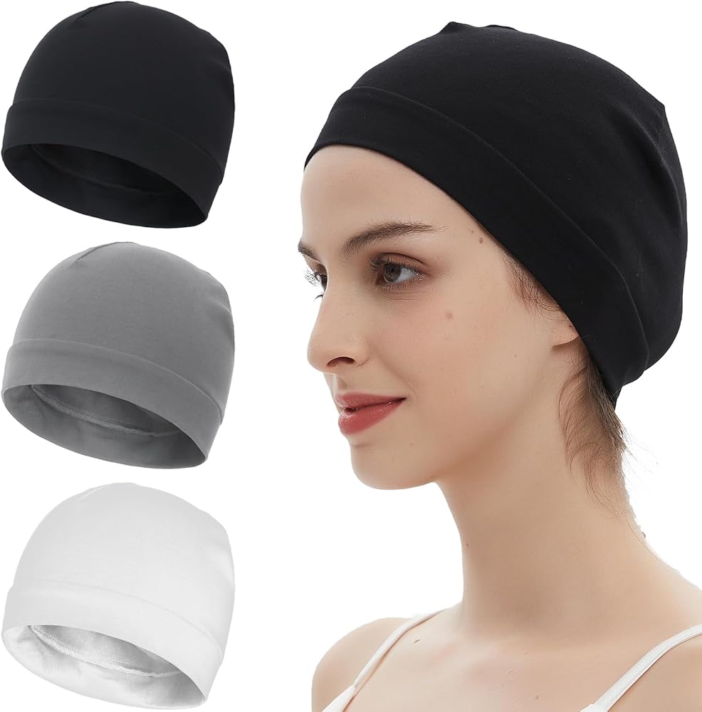 3 Pieces 100% Cotton Skull Caps beanie for Men Women Lightweigt night Cap Sleep Hats Breathable Helmet Liner