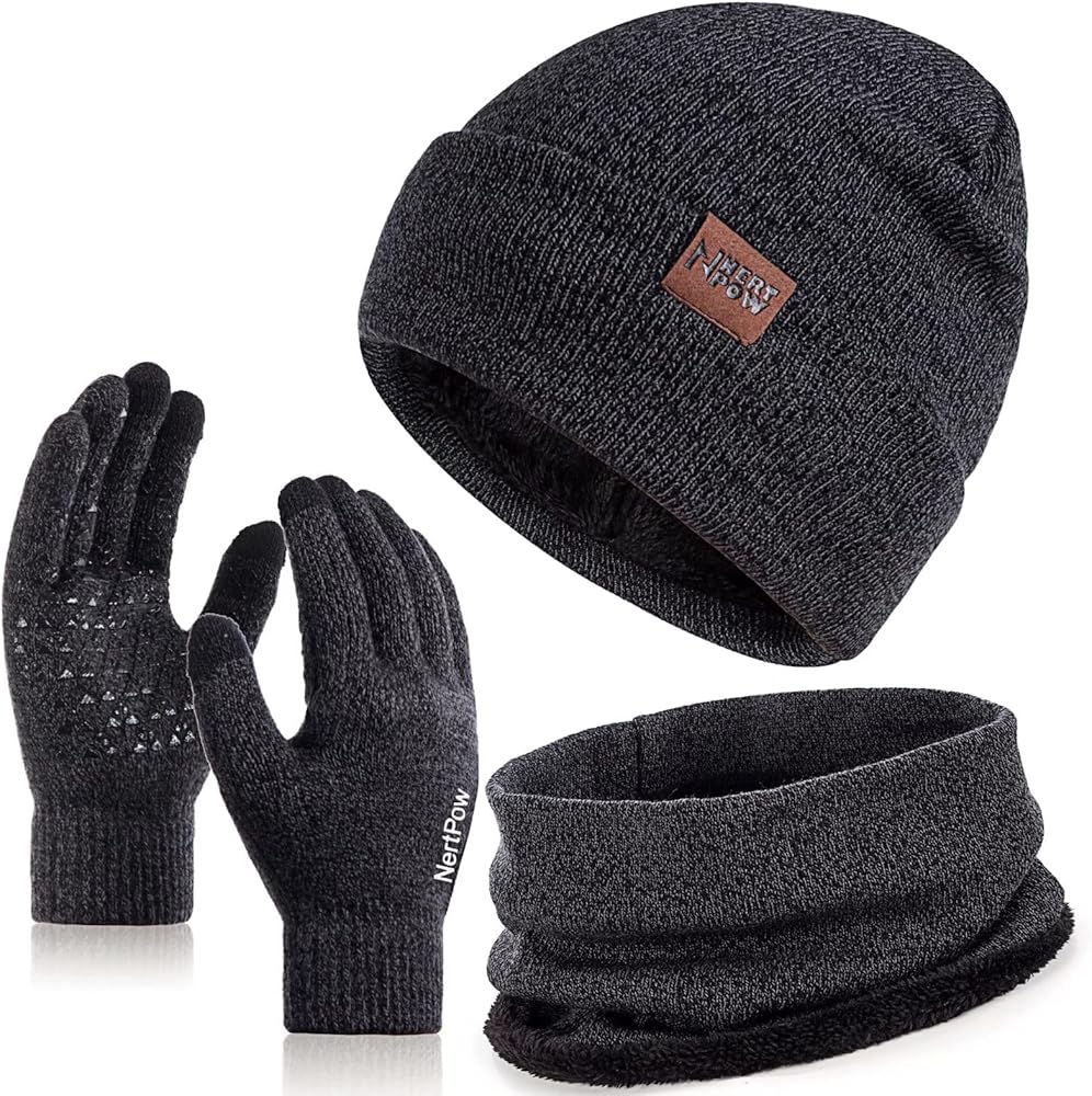 Winter 1-3 PCS Beanie Hat Gloves Scarf For Men And Women, Knit Fleece Lined Warm Touchscreen Gloves Beanie Infitiny Scarf Set