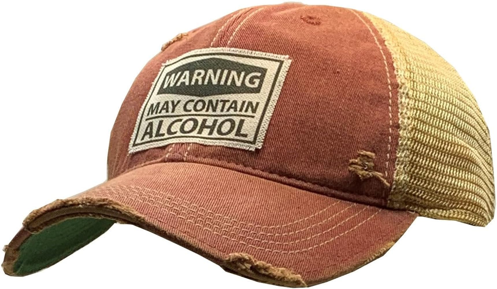 VINTAGE LIFE Warning! May Contain Alcohol Distressed Trucker Cap, Dark Red, Cotton, Polyester, Indoor, Outdoor