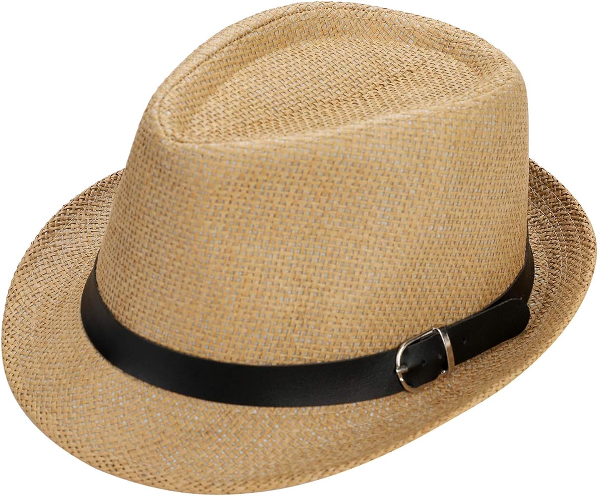 Men’s Summer Straw Fedoras Sun Hat Panama Trilby Jazz Hat Packable Breathable Short Brim Sun Beach Cap W/Belt Buckle