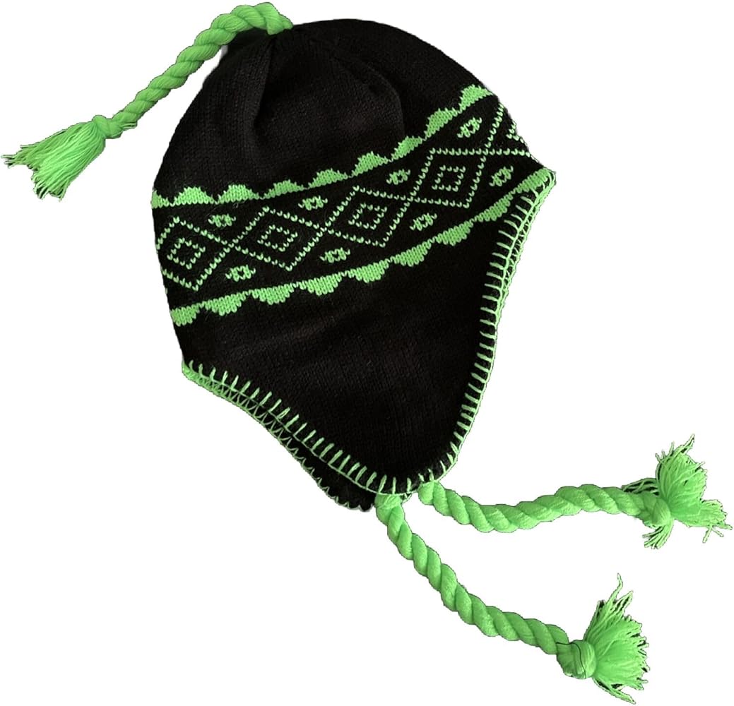 Nayt Men's Peruvian Helmet Style Earflap Strings Beanie Knit Hat Black Neon Green