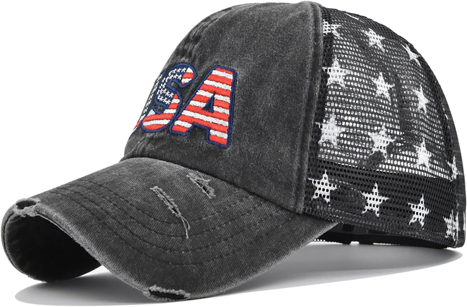 Distressed Scratch Frayed Baseball Hat Embroidery USA Flag with Star Mesh Back Adjustable Baseball Cap Unisex