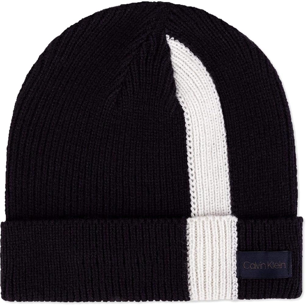 Calvin Klein Mens Stripe Ribbed Beanie Hat, Blue, One Size