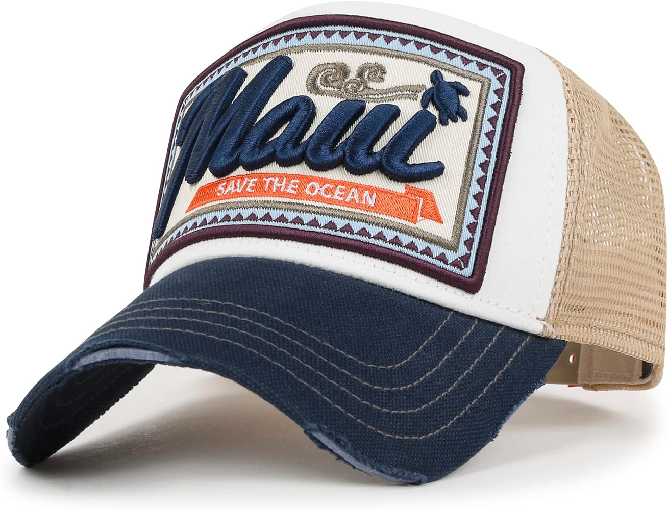 ililily Maui Embroidery Patch Casual Mesh Baseball Cap Distressed Trucker Hat