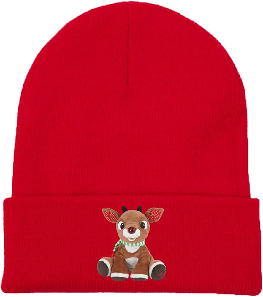 Cute Rudolph The Red Nosed Reindeer Red Beanie Adults Unisex Men Womens Kids Cuffed Plain Skull Knit Hat Cap