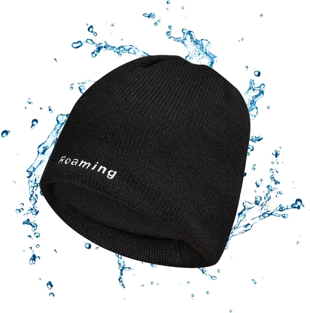 Waterproof Windproof Winter Warm Knit Beanie Fishing Hat Cap, Slouchy Soft Black Headwear Great for Winter Ski Walking Running Trekking