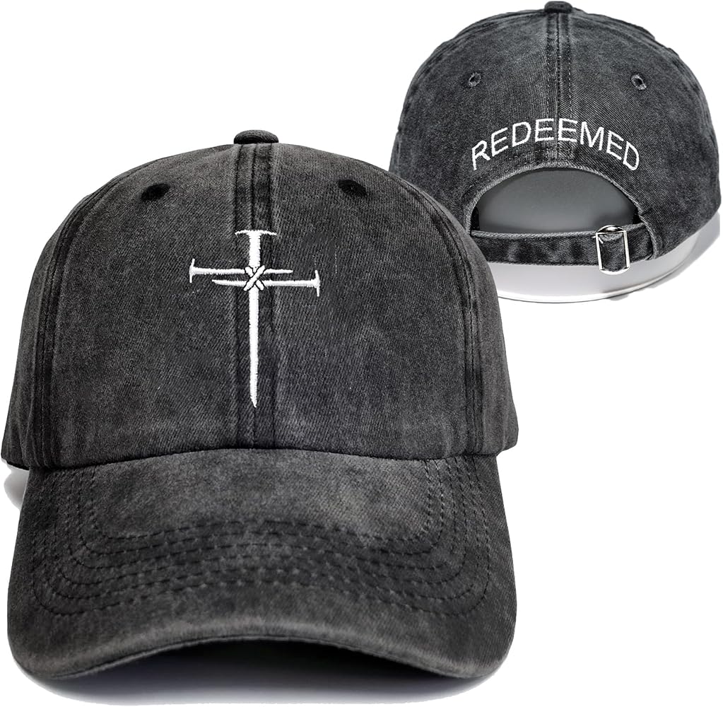 Christian Redeemed Cross Nails Hats for Men Women, Vintage Adjustable Cotton Embroidered Front & Back Baseball Cap