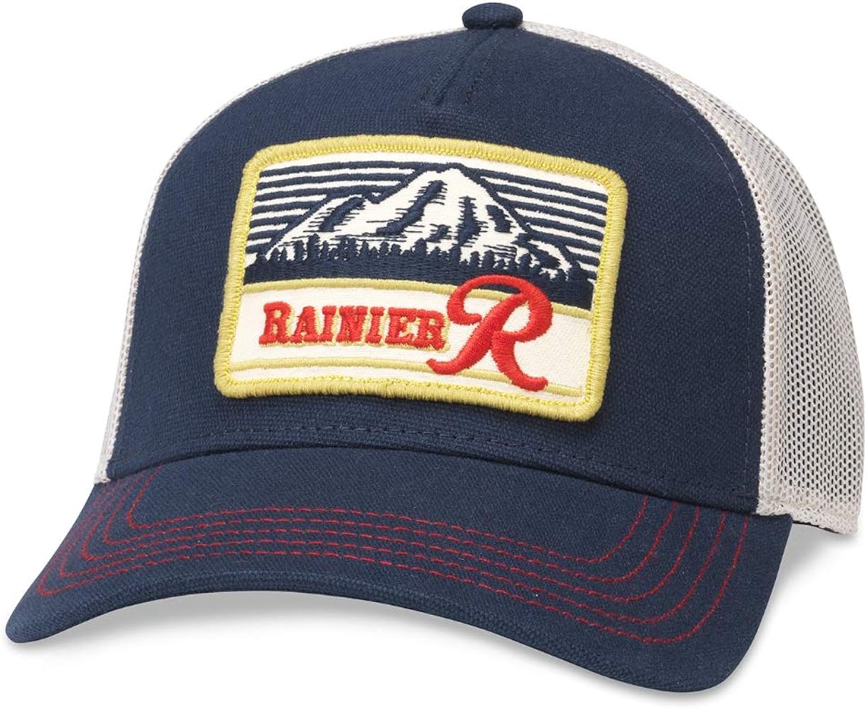 AMERICAN NEEDLE Rainier Beer Valin Adjustable Snapback Trucker Baseball Hat, Ivory/Navy (SMU500C-PBC)