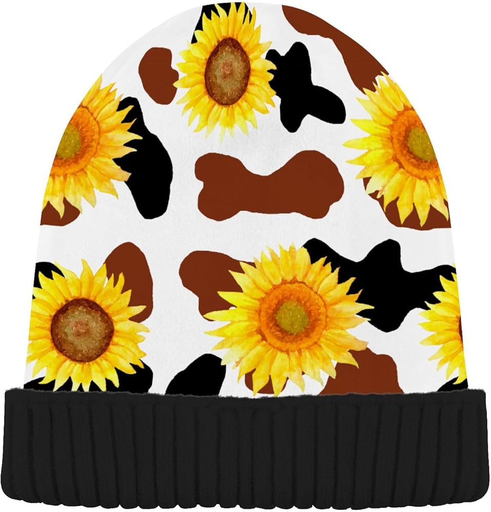 ALAZA Cow Print Yellow Sunflower Beanie for Women Men Winter Hat Reversible Skull Cuffed Knit Cap, Black Fluff