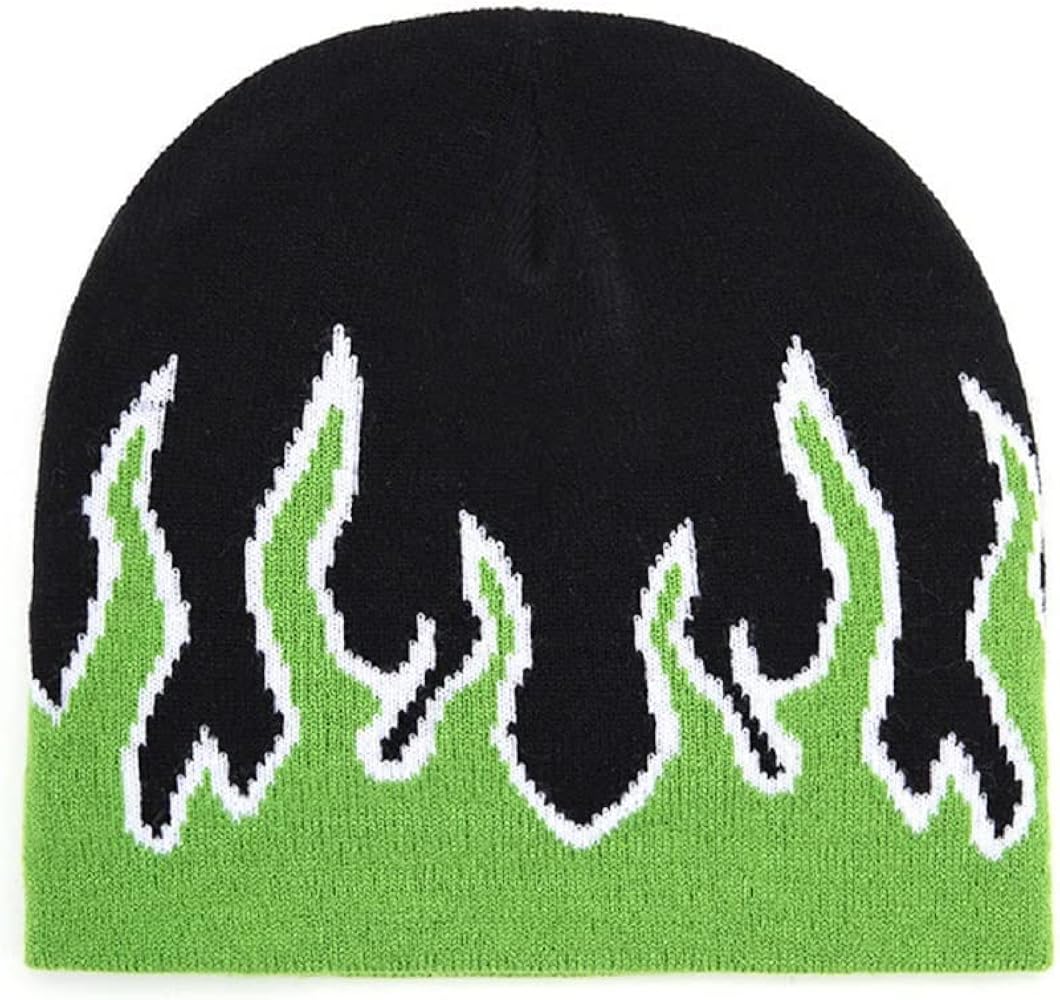 Neon Green White Black Racing Tribal Pinstripe Flame Beanie Stocking Cap Winter Stocking Hat Biker Skully Toque