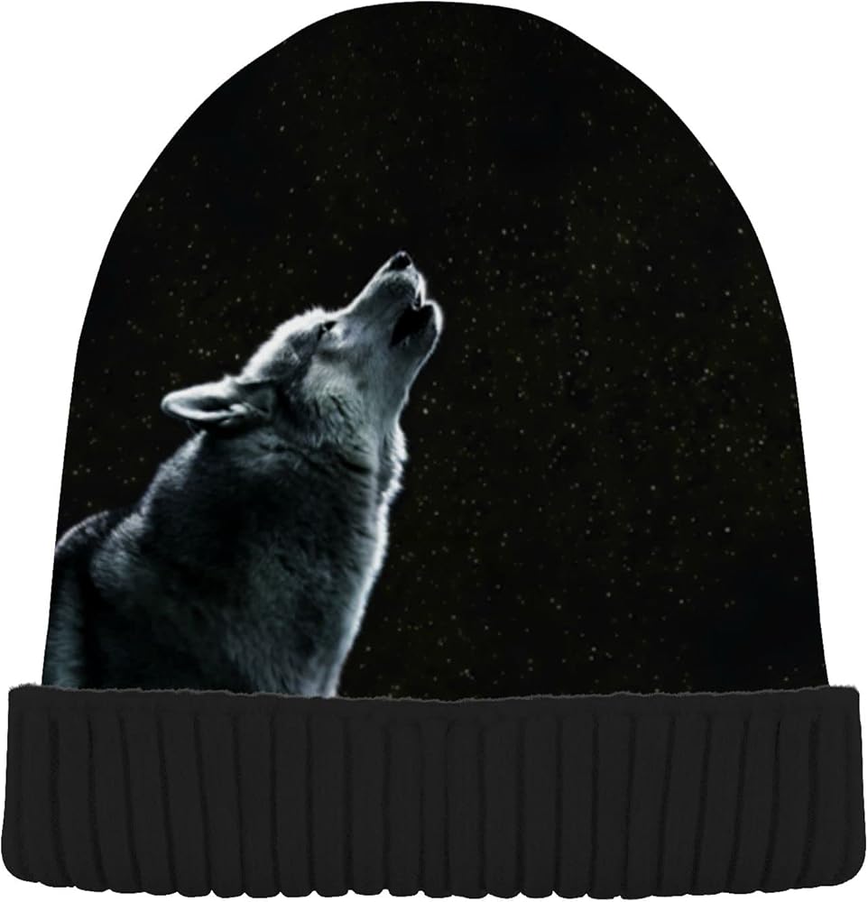 ALAZA Wolf Roaring Moon Animal Beanie for Women Men Winter Hat Reversible Skull Cuffed Knit Cap Multi