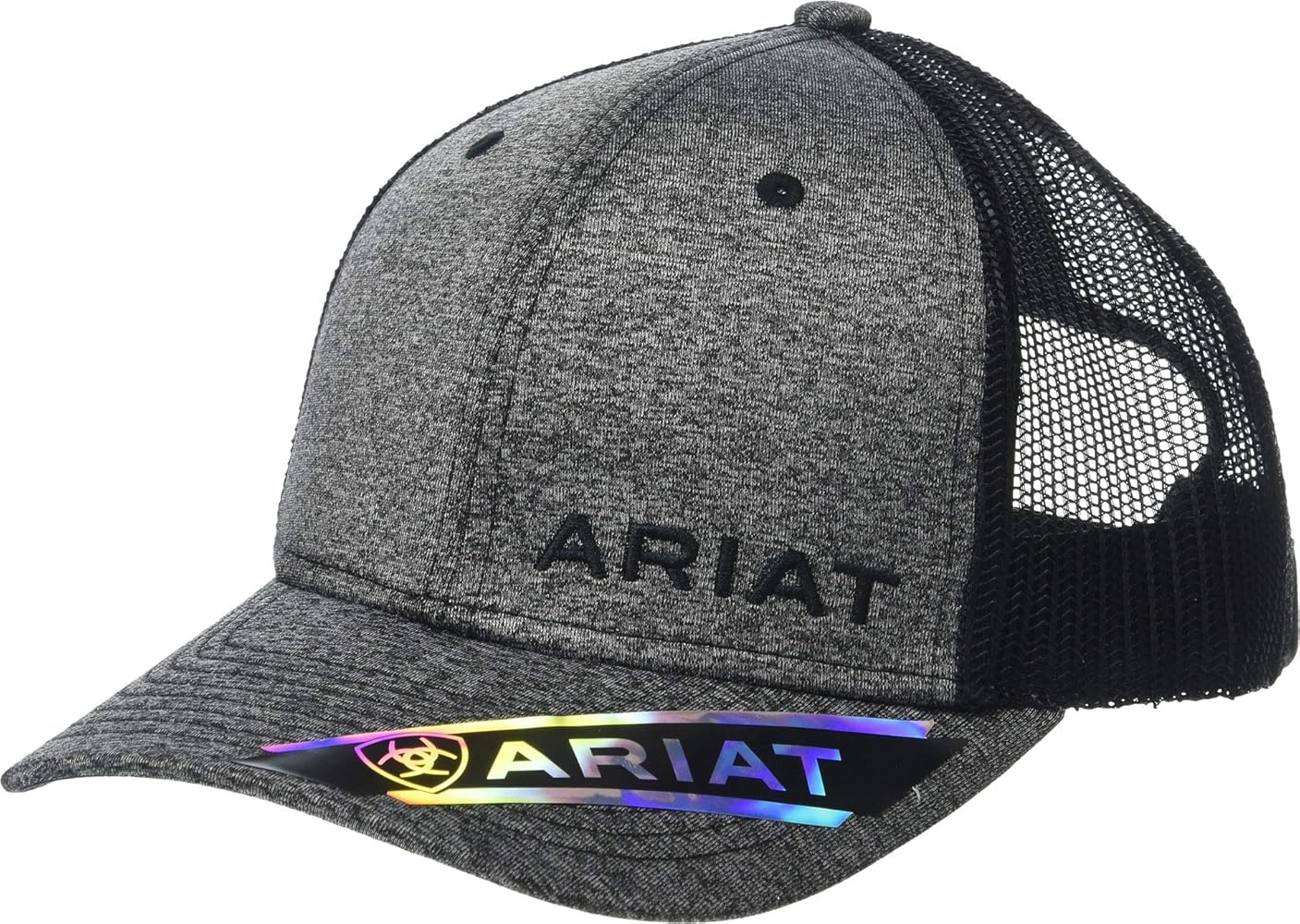 ARIAT Men's Richardson 112 Snapback Cap, Black Heather with Text Logo, Adjustable Snap Closure, Mesh Back, One Size Fits All