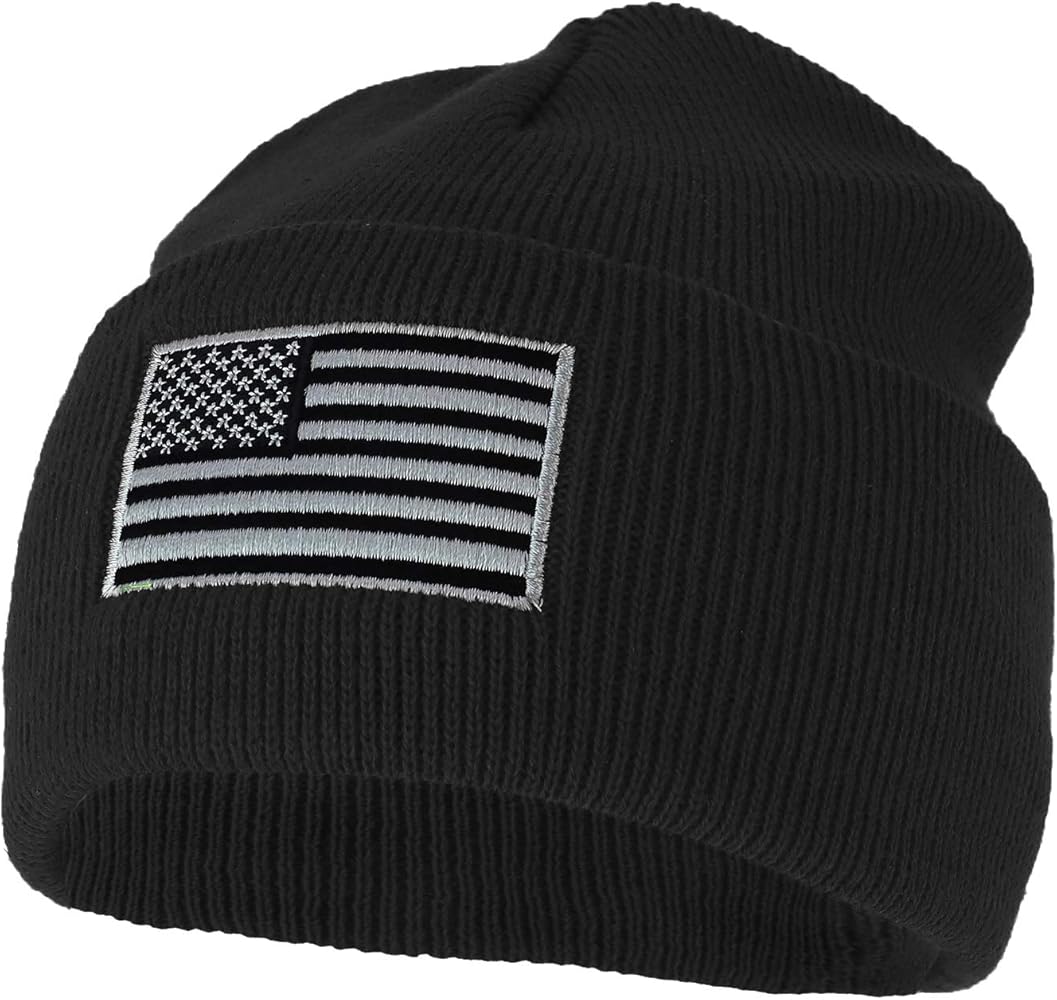 Made in USA Grey American Flag Embroidered Knit Cuff Long Beanie