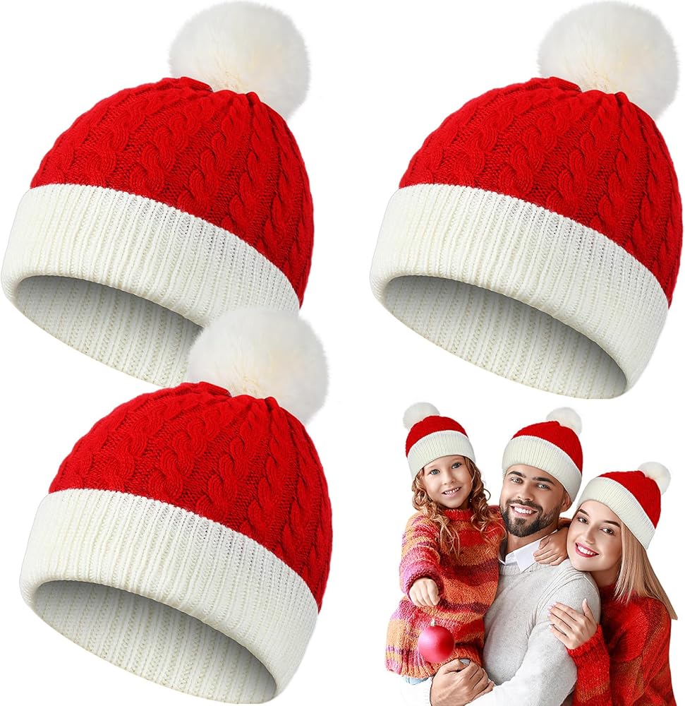 3 Pieces Christmas Knitted Hat Santa Hat Santa Knitted Hat Santa Beanie Wool Red Christmas Caps for Adults Women Men Family Party