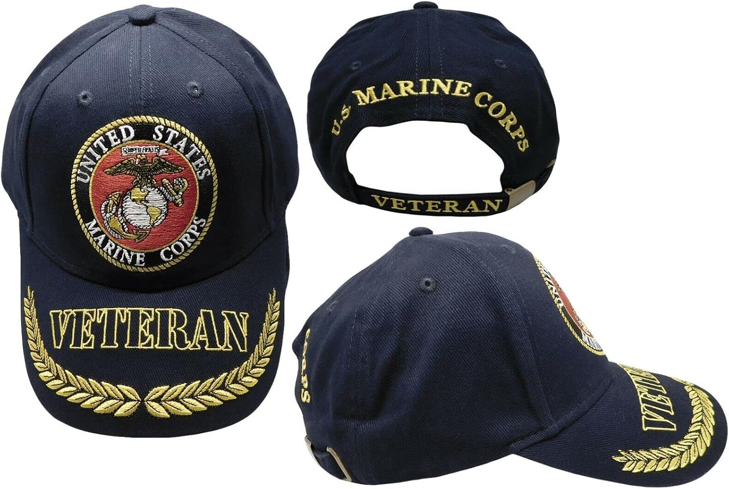 United States Marine Corps Emblem Veteran Wreath Navy Blue Adjustable Embroidered Cotton Hat Cap - Officially Licensed