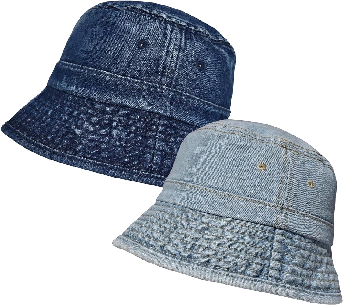 TSSGBL 2 Pack Cotton Denim Bucket Hats Vintage Washed Packable Summer Trendy Beach Travel Sun Caps for Women Men